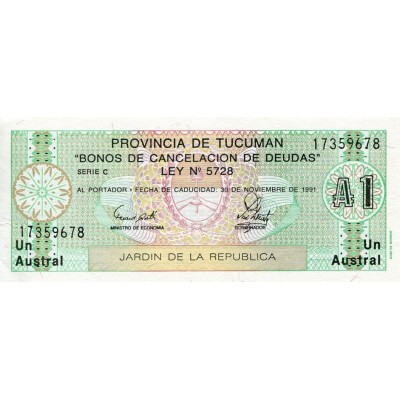 Банкнота 1 аустраль. 1991 год, провинция Тукуман, Аргентина.