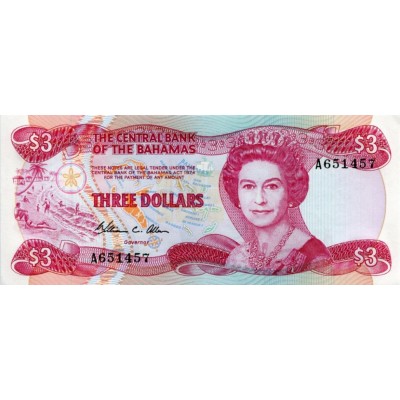 Банкнота 3 доллара, 1974 год, Багамские острова.