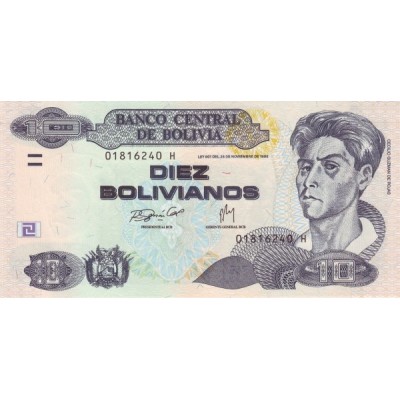 Банкнота 10 боливиано, 1986 год, Боливия.