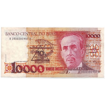 Банкнота 10000 крузейро. Бразилия. (с надпечаткой 10 новых крузейро).