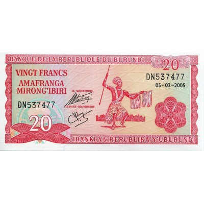 Банкнота 20 франков. 2005 год, Бурунди.