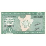 Банкнота 10 франков. 2007 год, Бурунди.