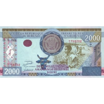 Банкнота 2000 франков. 2008 год, Бурунди.