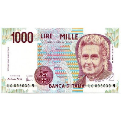 Банкнота 1000 лир. Мария Монтессори.  1990 год, Италия