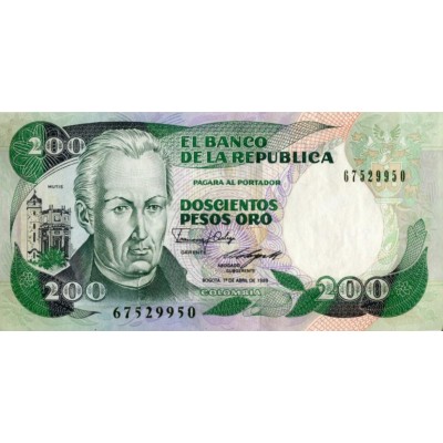 Банкнота 200 песо. 1989 год, Колумбия.