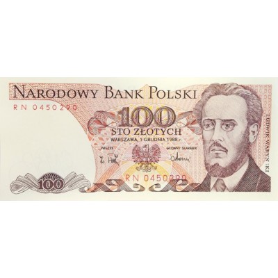 Банкнота 100 злотых. 1986-88 гг., Польша.