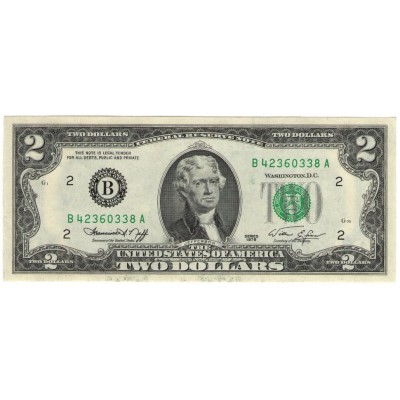 Банкнота 2 доллара. 1976 год, США.