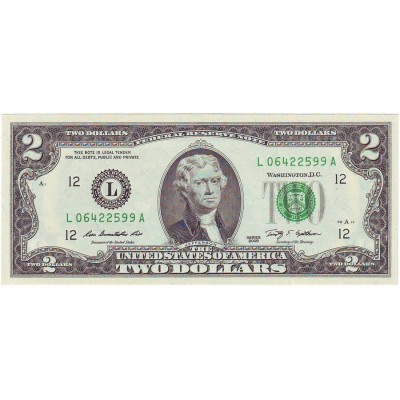 Банкнота 2 доллара. 2009 год, США.