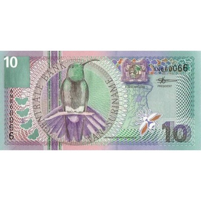 Банкнота 10 гульденов. 2000 год, Суринам.