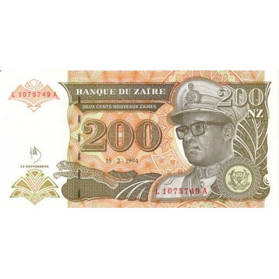 Банкнота 200 зайра. 1994 год, Заир.