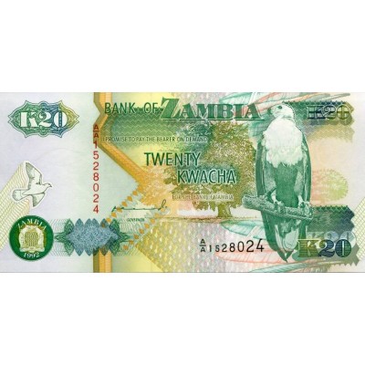 Банкнота 20 квача. 1992 год, Замбия.