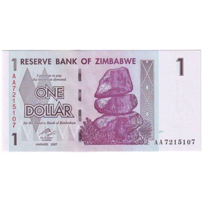 Банкнота 1 доллар. 2007 год, Зимбабве.