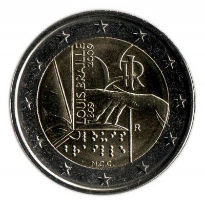 200 лет с рождения Луи Брайля. Монета 2 евро, 2009 год, Италия.