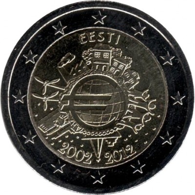 10 лет введения наличных евро. Монета 2 евро, 2012 год, Эстония.