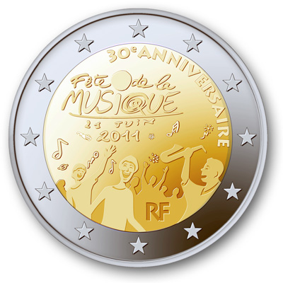 30 лет Дню музыки во Франции. Монета 2 евро, 2011 год, Франция.