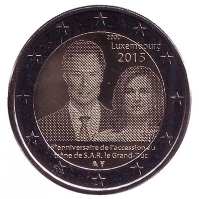  15-летие вступления на престол Великого Герцога Анри. Монета 2 евро. 2015 год, Люксембург.