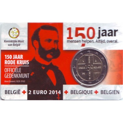  150 лет Красному кресту. Монета 2 евро. 2014 год, Бельгия. (в коинкарте!)
