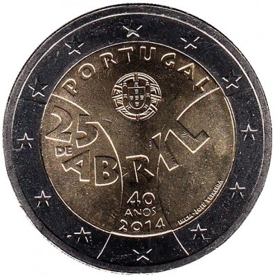 40 лет Революции гвоздик. Монета 2 евро, 2014 год, Португалия.