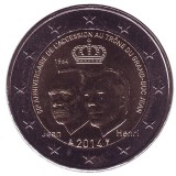 50 лет вступления на престол Великого герцога Люксембурга Жана. Монета 2 евро, 2014 год, Люксембург.
