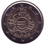 10 лет введения наличных евро. Монета 2 евро, 2012 год, Бельгия.