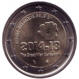 100-летний юбилей начала Первой мировой войны. Монета 2 евро. 2014 год, Бельгия.