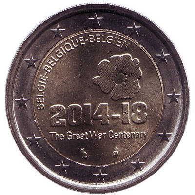  100-летний юбилей начала Первой мировой войны. Монета 2 евро. 2014 год, Бельгия.
