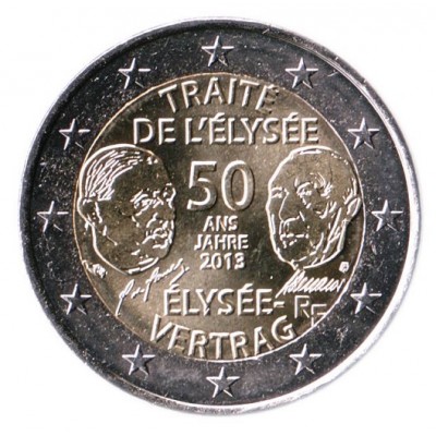 50-летие франко-германского договора о дружбе и сотрудничестве (Елисейский договор). Монета 2 евро, 2013 год, Франция.