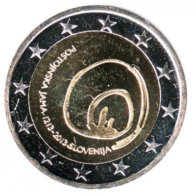 800 лет со дня открытия пещеры Постойна (Постойнска-Яма). Монета 2 евро, 2013 год, Словения.