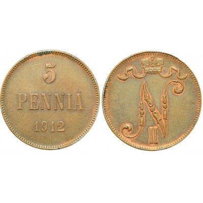 Монета 5 пенни 1912 года  Финляндия в составе Российской Империи (арт н-47368)