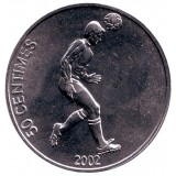  Футболист. Монета 50 сантимов. 2002 год, Конго.
