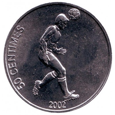  Футболист. Монета 50 сантимов. 2002 год, Конго.