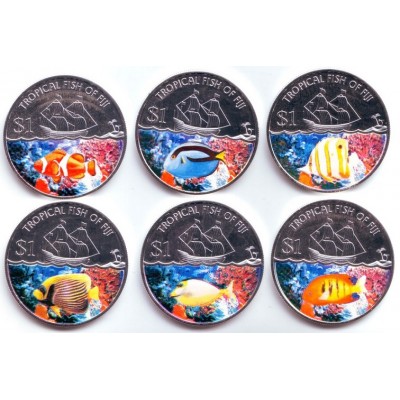 Тропические рыбы. Набор монет (6 шт.), 1 доллар. 2009 год, Фиджи.