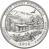 Национальный парк Грейт-Смоки-Маунтэйнс. Монета 25 центов (P). 2014 год, США.