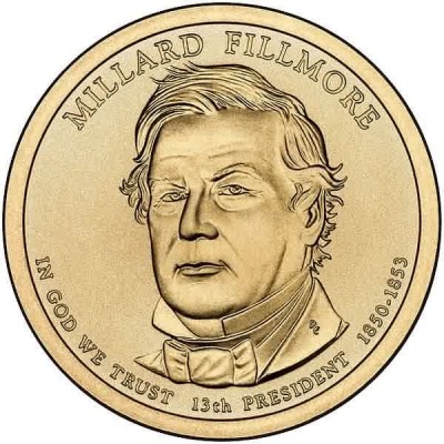 13-й президент США. Миллард Филлмор. Монетный двор P. 1 доллар, 2010 год, США.