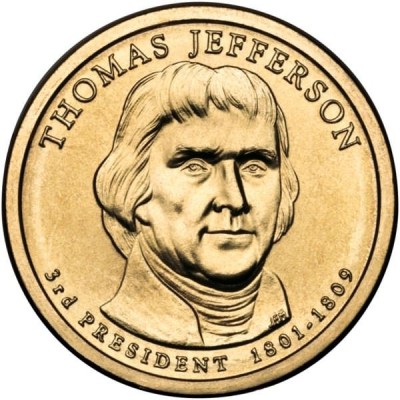 3-й президент США. Томас Джефферсон. Монетный двор P. 1 доллар, 2007 год, США.