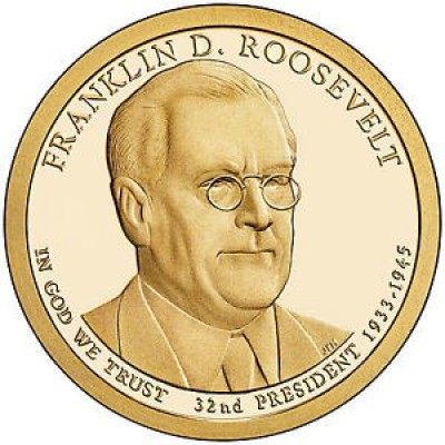 32-й президент США. Франклин Рузвельт. Монетный двор P. 1 доллар, 2014 год, США.