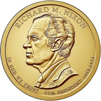 37-й президент США. Ричард Никсон. Монетный двор P. 1 доллар, 2016 год, США.