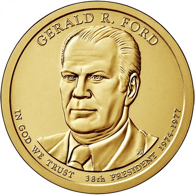 38-й президент США. Джеральд Форд. Монетный двор P. 1 доллар, 2016 год, США.