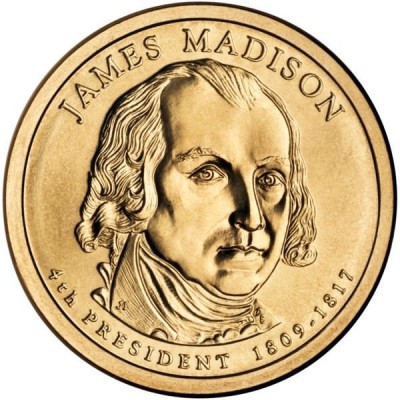 4-й президент США. Джеймс Мэдисон. Монетный двор P. 1 доллар, 2007 год, США.