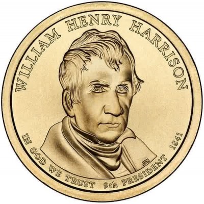 9-й президент США. Уильям Гаррисон. Монетный двор D. 1 доллар, 2009 год, США.